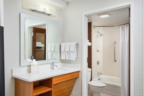 a bathroom with a sink and a toilet and a mirror at SpringHill Suites by Marriott Chicago Southwest at Burr Ridge Hinsdale in Burr Ridge
