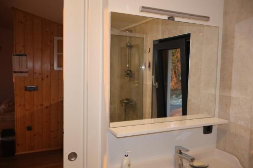 a bathroom with a sink and a large mirror at DAMA Lux, house with a magnificent view in Šempas