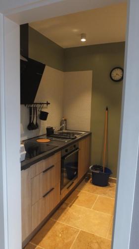 une cuisine avec une cuisinière et un évier dans l'établissement APP Le Goury, à Valognes