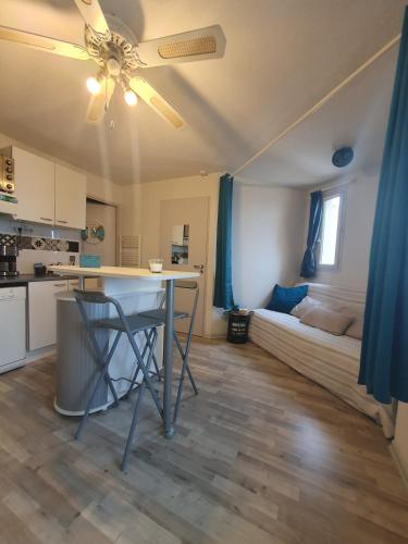 une cuisine et un salon avec une table et un canapé dans l'établissement Joli appartement cosy T2, à Leucate-Plage