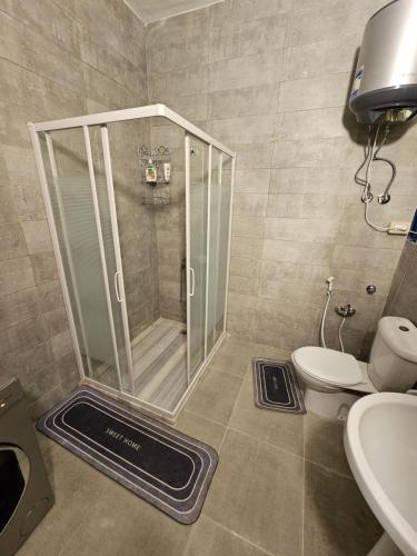 a shower in a bathroom with a toilet and a sink at شقة بوسط المدينة الدقي in Cairo