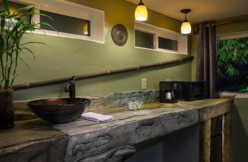 a bathroom with a counter with a sink and a sink at Chalet Kilauea in Volcano