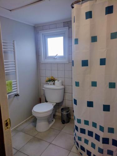 a bathroom with a toilet and a window at Tribal house in Río Seco