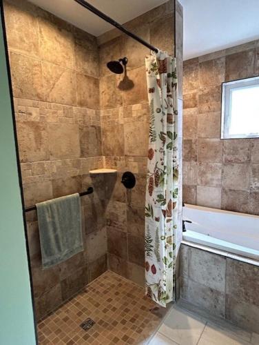 a bathroom with a shower with a shower curtain at The Sky Breeze in Topton