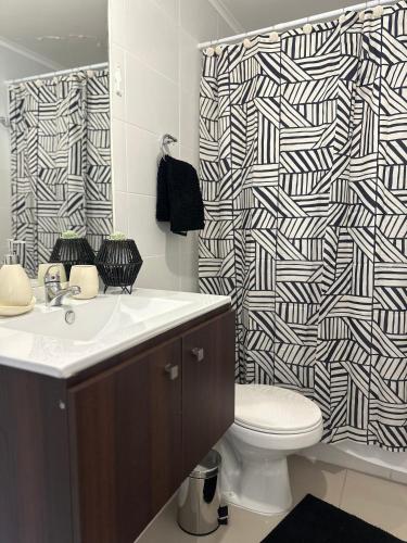 a bathroom with a toilet and a shower curtain at Desconexión y Paz in Pucón