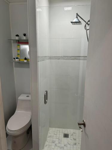 a white bathroom with a toilet and a shower at Tropical Oasis Private Guest Suite min to Wilton Drive-Ft Lauderdale Beaches in Fort Lauderdale