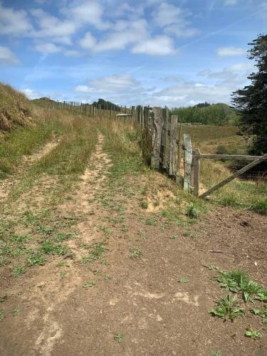 a dirt road next to a fence in a field at Stour Cabin by Tiny Away in Huiroa