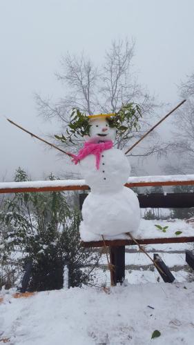 a snowman sitting on a bench in the snow at Cabaña Ugarit Chabranco Maihue Futrono in Futrono