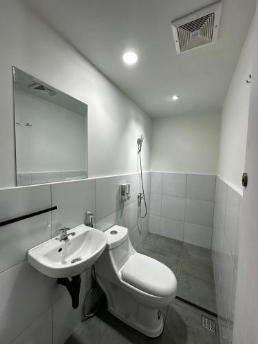 a white bathroom with a sink and a toilet at Dosare Capsule Hotel in Sentool