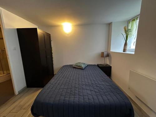 une chambre avec un lit avec une couette bleue dans l'établissement Studio confort avec WiFi au centre de La Roche-Posay, proche Thermes, parking gratuit, 1-2 pers - FR-1-541-95, à La Roche-Posay