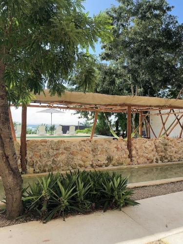 a stone wall with a wooden bench next to a tree at Hotel & Eco Cabañas Azul María Bacalar- Gratis Club de playa in Bacalar