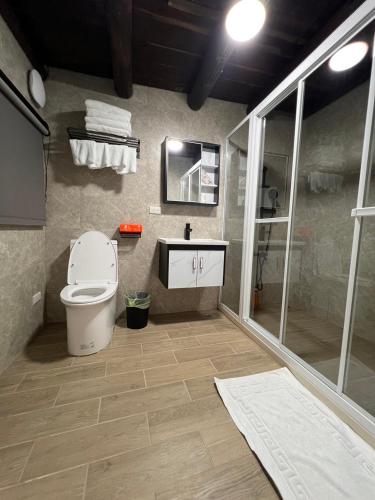 a bathroom with a toilet and a sink and a shower at 心如所院民宿 in Hsia-shih