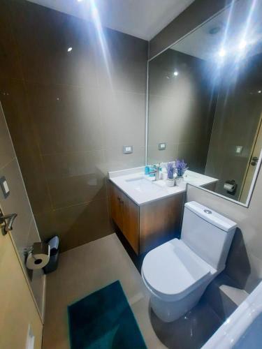 a bathroom with a toilet and a sink and a mirror at Acogedor Departamento en el Centro de Chillán in Chillán