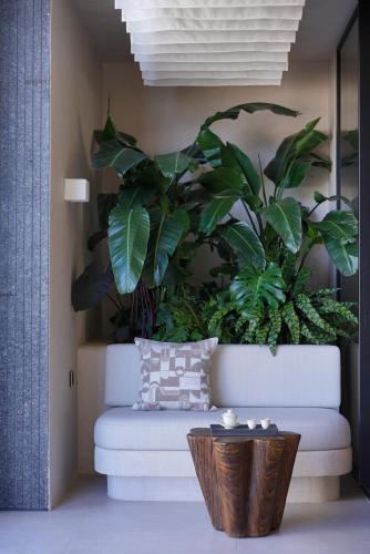 a living room with a white couch and plants at 大理风雅颂苍洱眼酒店-FYS Hotel in Dali