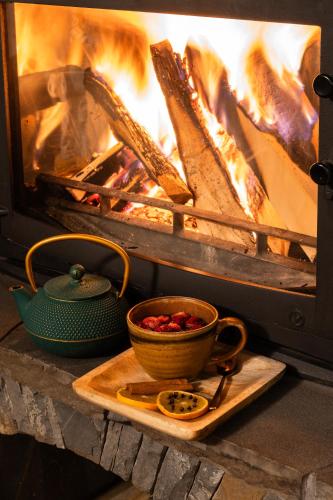 a fire oven with a bowl of food and a bowl of food at Willa Podhalanka Jacuzzi & sauna - drewniany dom dla 20 osób in Biały Dunajec