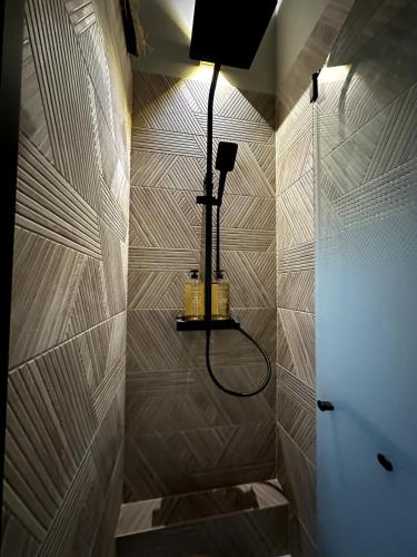 La salle de bains est pourvue d'une douche et d'une lampe murale. dans l'établissement LE COTTAGE, T2, Hyper center, Terrasse, à Mâcon