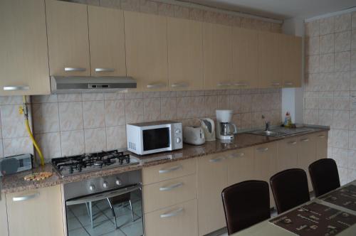 a kitchen with a microwave and a stove top oven at Vila Villador in Piatra Neamţ
