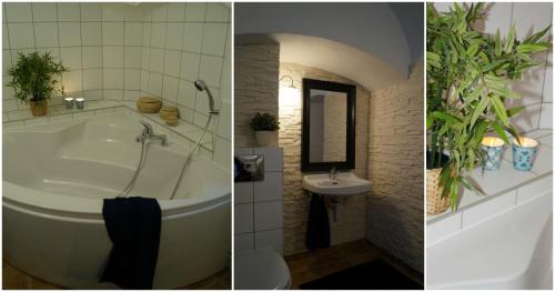 two pictures of a bathroom with a tub and a sink at Forsthaus Gut Traunfried in Ramsau