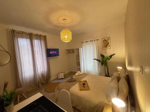 una camera da letto con un letto e una TV di L 'Écrin Ivoire - Comfort and Productivity -Terrasse a Brive-la-Gaillarde