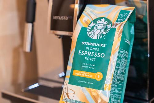 a bag of starbucks orange express proxy roast on a shelf at Cheonan H-Avenue Cheonan Buldang in Cheonan