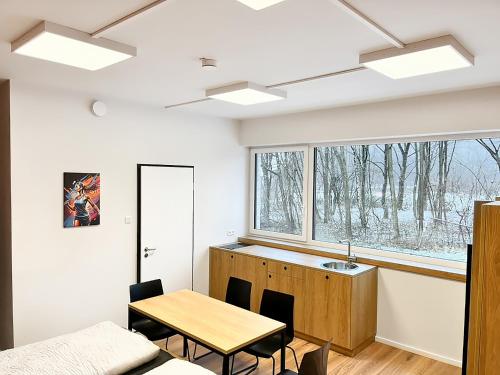 a dining room with a table and a window at Erlebniswelt Resort Apartment 4 in Reken
