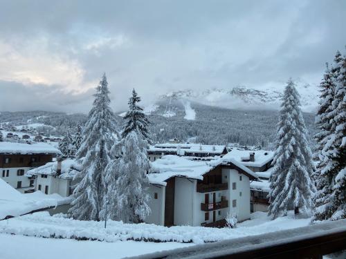 een stad met sneeuw bedekte bomen en een berg bij Cortina Center House in Cortina dʼAmpezzo