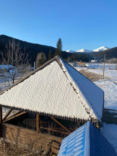 a house with a thatched roof with snow on it at Під Явором in Vorokhta