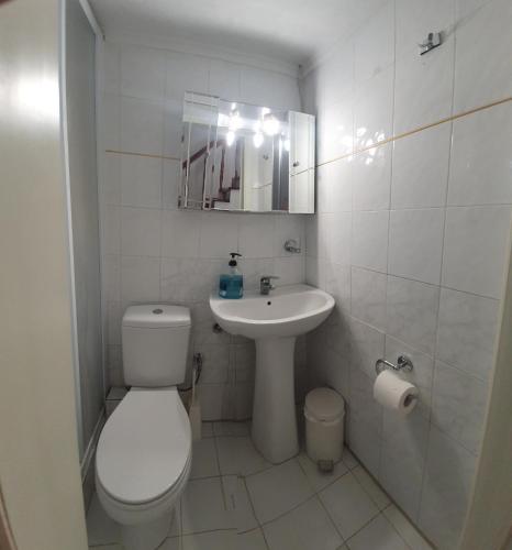 a white bathroom with a toilet and a sink at Sunny Hemera Veta's House in Fourka