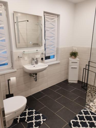 a bathroom with a toilet and a sink at Bungalow Lange in Schwielochsee