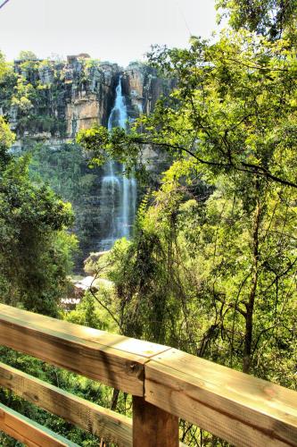 a wooden bench in front of a waterfall at Mogodi Lodge in Graskop
