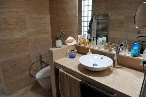 un bagno con lavandino, WC e specchio di Casa LLEVADORA - Villa amb piscina privada a PALS a Pals