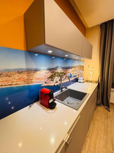 une cuisine avec un évier et un tableau mural. dans l'établissement Bonaparte - Nice, à Nice