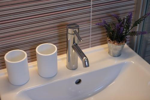 a sink with a faucet and two cups on it at Holiday home Viva in Gajac