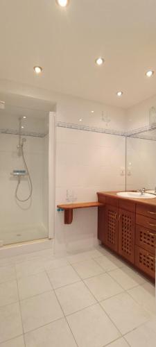 une salle de bain avec deux lavabos et une douche dans l'établissement Appartement vue sur chenal - parking, à Les Sables-dʼOlonne