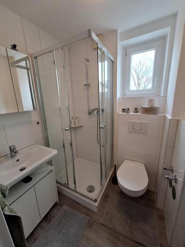 a bathroom with a shower and a toilet and a sink at for 4 - parking space for car - Internet in Bielefeld