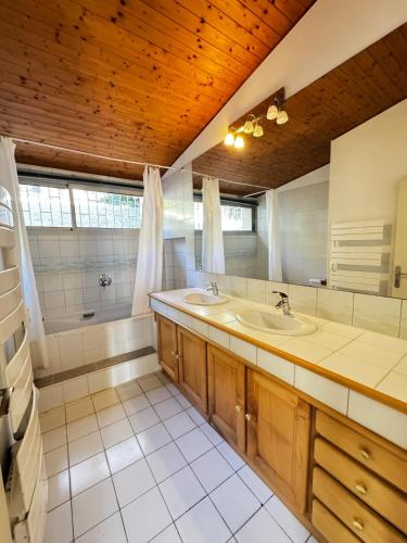 une salle de bain avec deux lavabos et une douche dans l'établissement LE SIG - Piscine - Jardin - 6 Chambres, à Piolenc