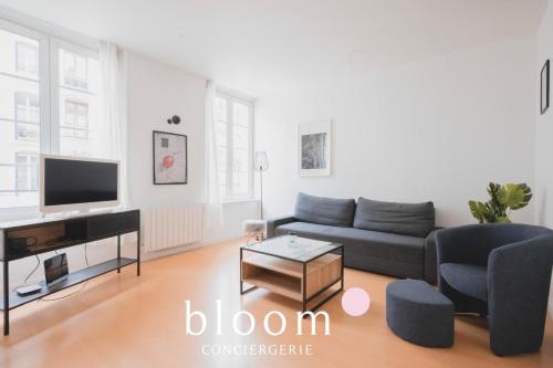 Una sala de estar con un sofá y un televisor. en Le Dom Place Stanislas appartement tout équipé pour 4 personnes, en Nancy