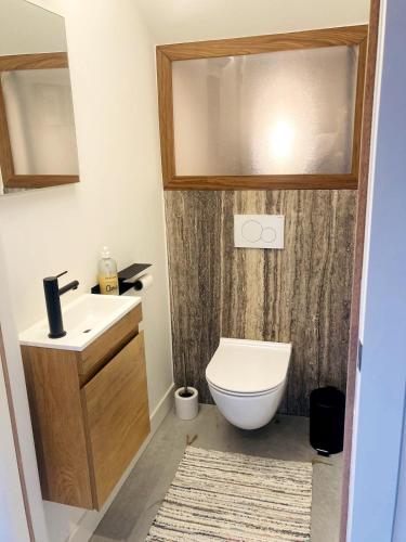 a bathroom with a toilet and a sink at Sweet Valley Cozy in Zutendaal