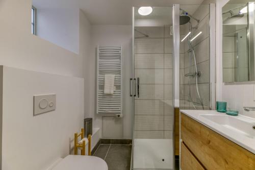 a bathroom with a shower and a toilet and a sink at Les Volets Bleus - Centre ville - WIFI by CLÉ HÔTES in Saint-Vallier