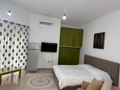 a bedroom with a bed and a television in it at Machiavelli Apartments Lura 1 in Draçi