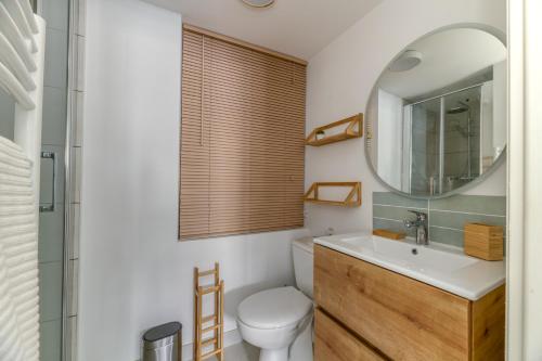 a bathroom with a toilet and a sink and a mirror at Le Jardin Secret - Centre ville - WIFI - by CLÉ HÔTES in Saint-Vallier