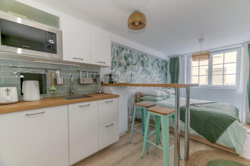 - une cuisine avec évier et un lit dans une chambre dans l'établissement Le Jardin Secret - Centre ville - WIFI - by CLÉ HÔTES, à Saint-Vallier