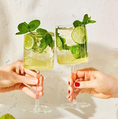 two people holding glasses with lime and mint at Hotel AVENUE in Ravda