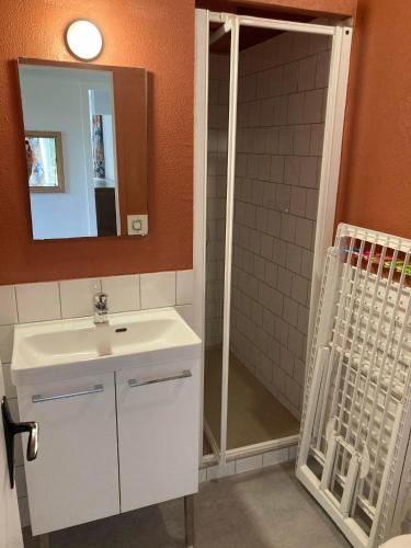 une salle de bain avec un lavabo et une douche avec un miroir dans l'établissement maison 2 chambres Domaine Du Lac avec bain nordique, à Montendre