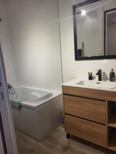 une salle de bain avec une baignoire blanche et un lavabo dans l'établissement Le Fassio - Wifi - Stationnement gratuit, à Lens
