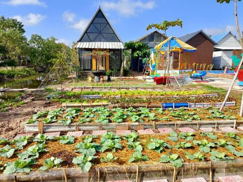 a garden with lettuces and a playground in the background at Khu nghỉ dưỡng sinh thái Apsara Sóc Trăng in Ấp Vĩnh Hưng