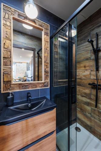 une salle de bain avec un lavabo et une douche en verre dans l'établissement Duplex Factory II Hyper Centre, à Salon-de-Provence