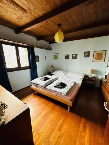 a bedroom with a large bed in a room with wooden floors at Casa Ilvea in Cavigliano