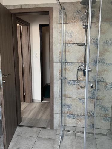 a bathroom with a glass shower with a mirror at Nostalgia restaurant & pension in Rimavská Sobota