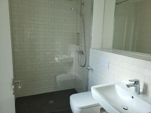 a bathroom with a shower and a toilet and a sink at Hafen 15 - Ihre Ferienwohnung im Hafen am Geiseltalsee in Mücheln